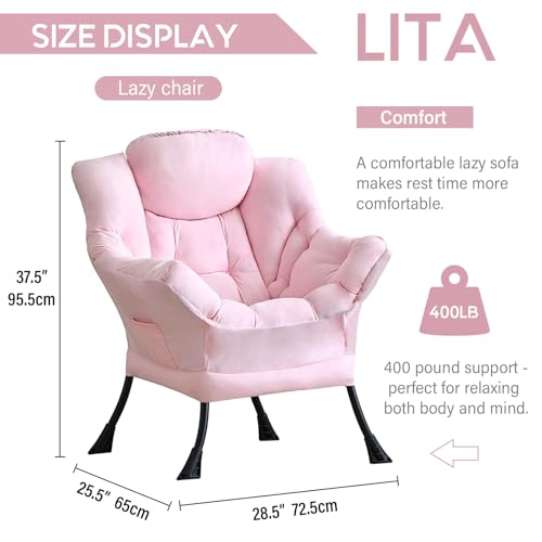 Image of LITA Lazy Chair with Armrests and Side Pocket, Modern Upholstered Accent Reading Chair for Living Room, Bedroom, Dorm, Small Spaces, Single Pink