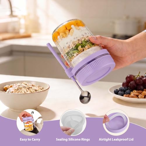 Image of 6 Pack Purple Overnight Oats Containers with Lids and Spoon - 16 oz Glass Mason Jars with Dressing Divider, Leakproof Chia Yogurt Parfait Cups for Oatmeal Cereal Meal Prep Sugar Packet Holders