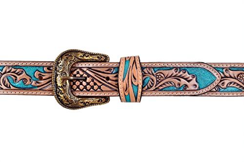 Western Leather Belt Tooled Belt with Removable Buckle Turquoise 30HQ0012