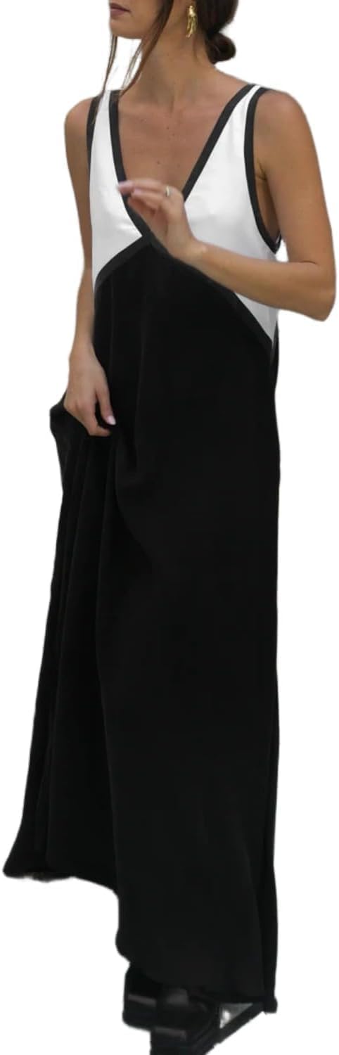 Pinclodly Womens Dresses Sleeveless Color Block Maxi Dress Y2K Deep V Neck Satin Dress Casual Patchwork Vacation Dresses 2025
