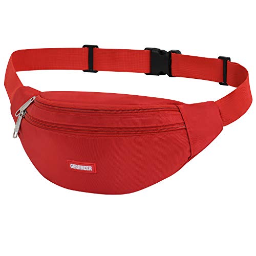 GERIINEER Riñonera Deportiva Mujer Hombre Running Impermeable Riñoneras Hombre y Mujer con Cinturón de Ajuste Bilateral 4 Bolsillos Cremallera per Marcha Casual Deportes Al Aire Libre (Rojo)