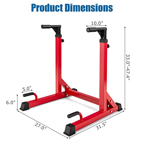 Goplus Adjustable Dip Bar, Heavy-Duty Dip Station Dip Stand W/ 10 Height Levels, 4 Foam-Wrapped Handle, Multi-Function Parallel Bars For Home Gym Full Body Strength Training, Tricep Dips & Push-Ups (Red) #TOP6