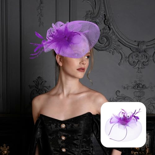 FRCOLOR Fascinator Headband Women Fascinator Hat Flower Mesh Ribbons Hair Clip Headpiece Cocktail Tea Party Headwear (Purple) - Image 3