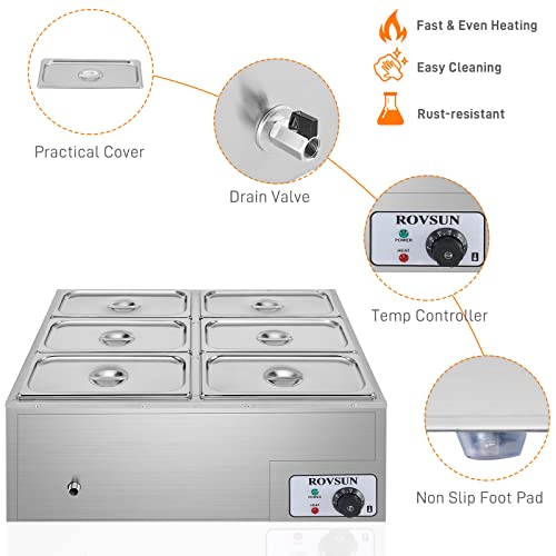 image for ROVSUN 42.3QT 1200W Electric Commercial Food Warmer, 6-Pan Steam Table