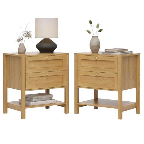 EYYTHUNG Farmhouse Nightstand Set of 2 with Drawers, 24.4" Tall Modern Wood Bedside Table with Open Shelf, Large End Table for Bedroom, Natural Oak