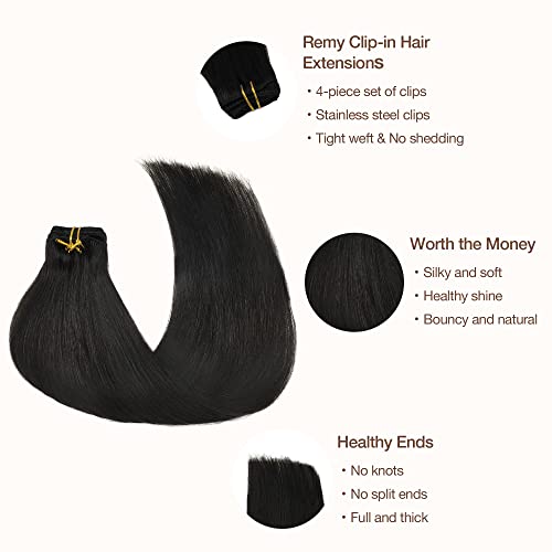 Image of GOO GOO Clip in Hair Extensions Real Human Hair, Remy Human Hair Extensions Clip ins for Women, Natural Human Hair, 16inch 65g 4Pcs, 1B Natural black
