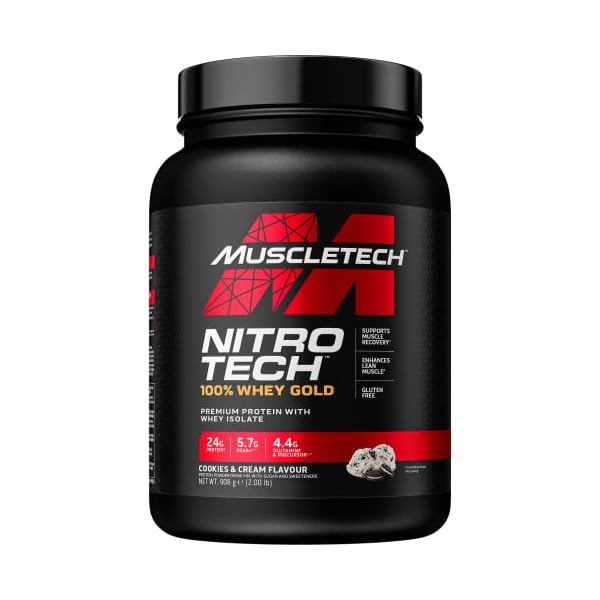MuscleTech NitroTech 100% Whey Gold Protein Powder, Build Muscle Mass, Whey Isolate Protein Powder & Peptides, Protein Shake For Men & Women, 5.5g BCAA, 28 Servings, 908g, Cookies & Cream