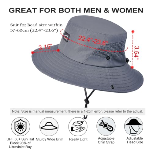 Sireck Fishing Hat, UPF50+ Wide Brim Sun Hat for Men Women, UV Protection Hiking Beach Bucket Hats Summer Safari Hat (Gray)