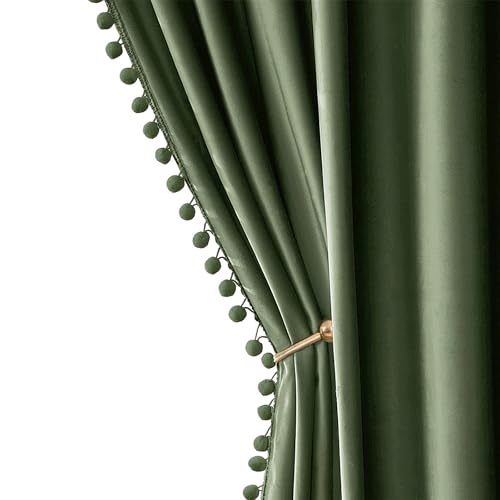 MIULEE Olive Green Pom Pom Velvet Curtains for Bedroom/Living Room
