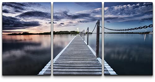wall26 Canvas Print Wall Art Pontoon Jetty Across The Sunset Lake Nature Wilderness Photography Modern Rustic Scenic Relax/Calm Multicolor Colorful for Living Room, Bedroom, Office - 16"x24"x3 Panels