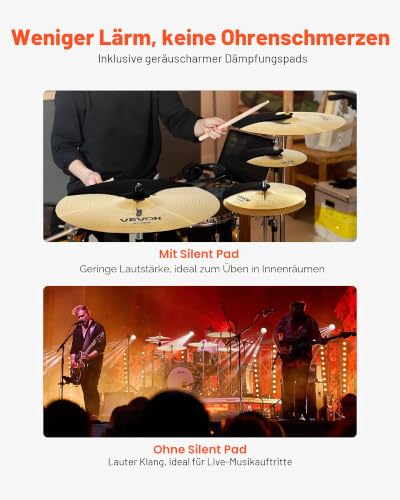 VEVOR 6-teiliges Beckenset, Becken aus Legierung, Schlagzeug Set inklusive 355 mm HiHat, 400&455 mm Crash, 505 mm Ride, 254 mm Splash, 400mm China, Drumsticks und Beckentasche