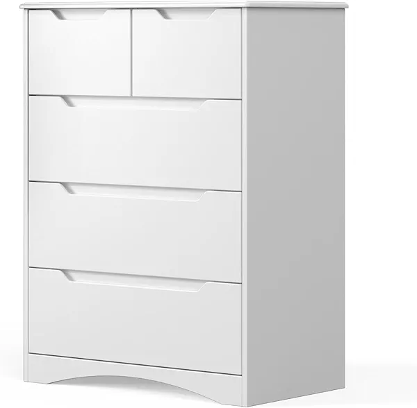 Gizoon 5 Drawers Chest, White Dresser for Bedroom with Large Storage Capacity, Chest of Drawers with Embedded Handle, Anti-Tripping Device for Hallway, Office, Living Room