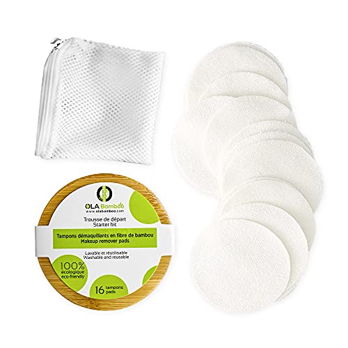 OLA Bamboo - Bamboo Makeup Remover Pads, Pack of 16, Reusable Face Pads and Eye Makeup Remover Pads, Eco Friendly & Zero Waste Cotton Rounds, Bamboo Washcloths with Cotton Pad Holder