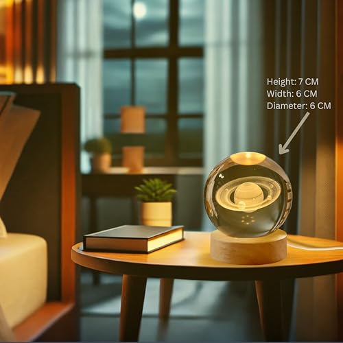 Image of 3D Saturn Crystal Ball Night Light with Wooden Base, Table Lamp