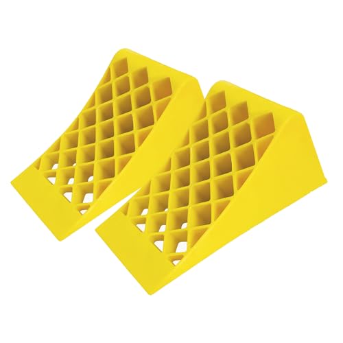 Heavy Duty Wheel Chock with Anti-Slip Steel Base – Yellow | 39x 17CM Inch Honeycomb Plastic Parking Block with Handle | Non-Slip Tire Stop for Cars, Trucks, Trailers, Commercial Vehicles - Set of 2