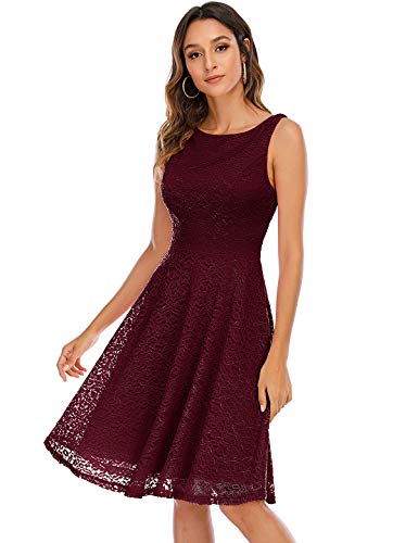 bbonlinedress Women's Short Vintage Floral Lace Swing Dress V-Back Sleeveless Formal Cocktail Party Dress Burgundy M
