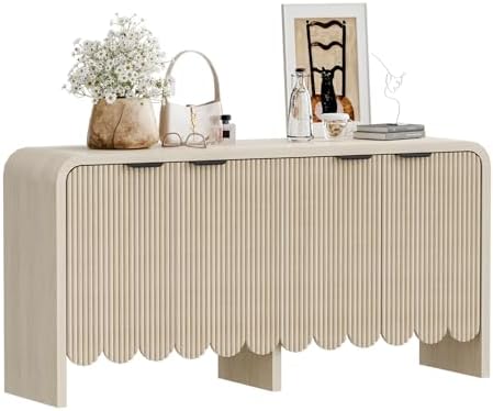 Oakault Modern Wave Fluted Sideboard Cabinet, 4-Door Storage Buff...
