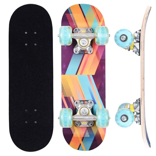 ERNAN Complete Skateboard for Beginners,17 Inch Double Kick Skateboard for Kids Teenagers,Wheels Light Up When Moving, Assorted Designs and Colours with Skate T-Tool (Yellow and blue, 17in)