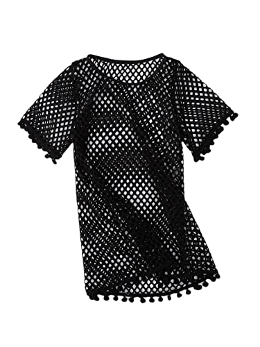 Shein Girl's Fishnet Short Sleeve Swim Cover Ups See Through Pom Pom Trim Sundress Black 150 #TOP26