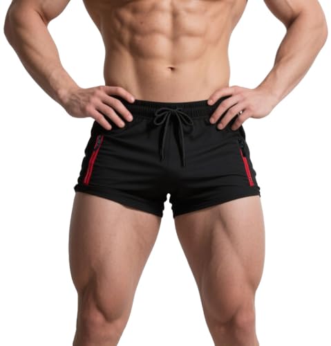 Muhshoiy Bañador Hombre Corto Bañadores de Surf Natación Playa Corriendo Pantalones Cortos Deportivos Running Shorts con Bolsillo y Cordón Forro de algodón Negro L