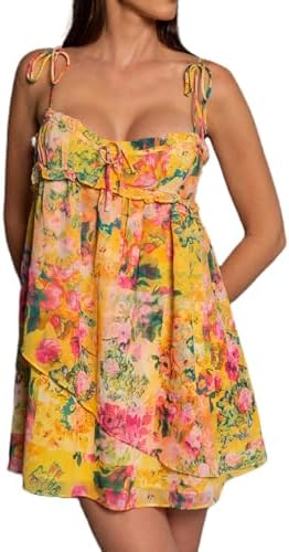 Women Boho Floral Mini Cami Dress Spaghetti Strap Flowy Sling Dre...