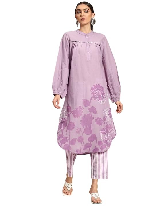Gupta Fashion Trends Women Lavender Floral Printed Pure Cotton Kurta with Trousers
