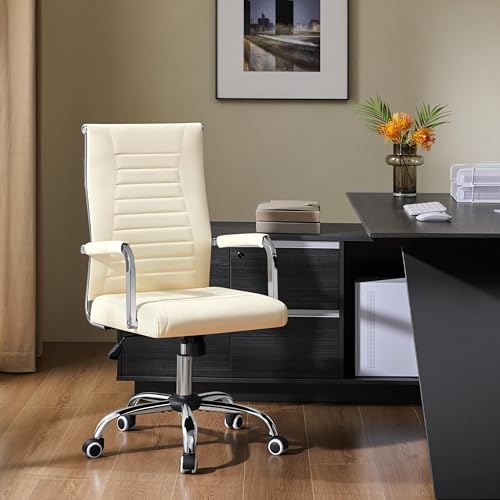 Yaheetech Bürostuhl ergonomischer Schreibtischstuhl mit Armlehnen, Chefsessel Computerstuhl hoher Rückenlehne, Arbeitsstuhl mit Wippfunktion bis 136 kg Belastbar Beige