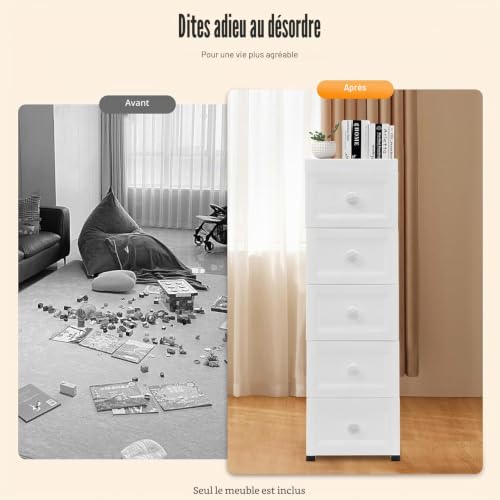 Meuble de rangement en plastique avec 5 tiroirs - Tour de rangement avec tiroirs - 25 x 34 x 82 cm - Pour salle de bain, bureau, salon - Avec poignée florale - Blanc – vue 9