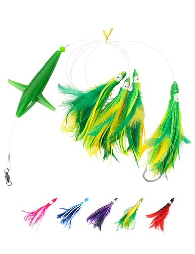 BLUEWING Tuna Feather Daisy Chain Fishing Teaser Lure with 6in Feathered Trolling Squids and Stainless Steel Hook Big Game for Tuna Mahi Wahoo Marlin, Yellow/Green