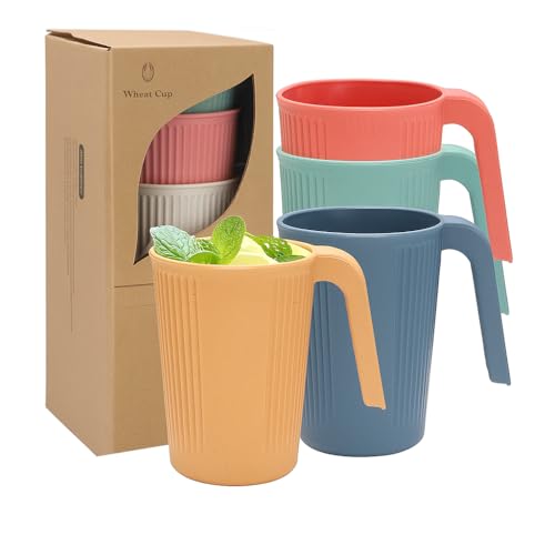 Image of Wheat Straw Plastic Coffee Mug Set with Handle | Lightweight & Durable Drinking Cups | Food Grade Reusable Tea Cups, Easy to Clean, Mug for Home Kitchen Office (Set of 4, Multicolor)