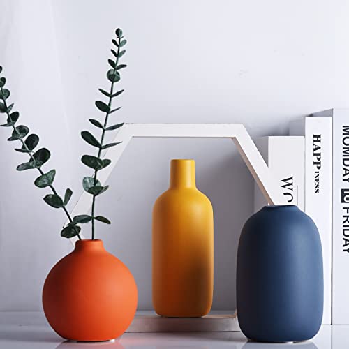 Ceramic Vase Set Of 3, Small Flower Vases For Rustic Home Decor, Modern Farmhouse Decor, Living Room Decor, Shelf Decor, Table, Bookshelf, Mantel And Entryway Decor-Yellow, Orange, Blue Vases (A) #TOP4