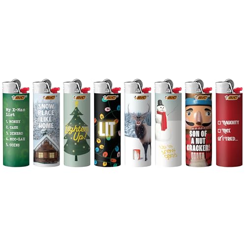 BIC Maxi Pocket Lighter, Special Edition Holiday Collection, Assorted Unique Lighter Designs, 8 Count Pack of Lighters, Perfect Stocking Stuffer