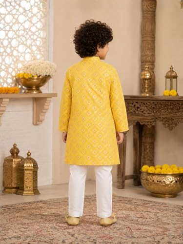 Image of superminis Boys Silver Foil Printed Kurta, Round Collar, Full Sleeves With White Pyjama Cotton Kurta Set