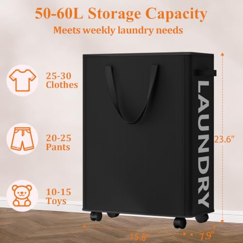 Image of Optish 50L Slim Rolling Laundry Basket with Wheels & Removable Bag, Black