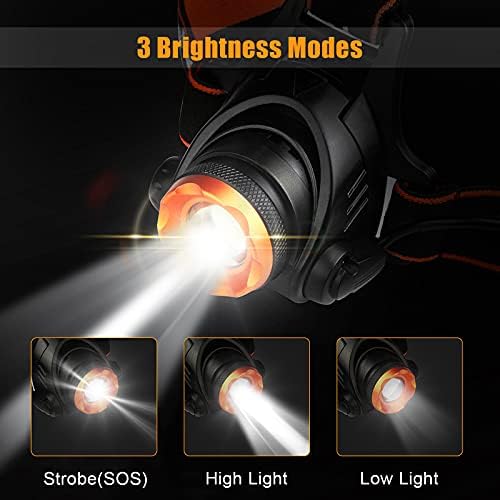 Head Torch Rechargeable, 2000L Super Brigh Headlamp, Zoomable LED Torch IP66 Waterproof with 3 Light Modes, 4400mAh Battery, 90° Angle Adjustable Headlight for Running,Fishing,Cycling etc.