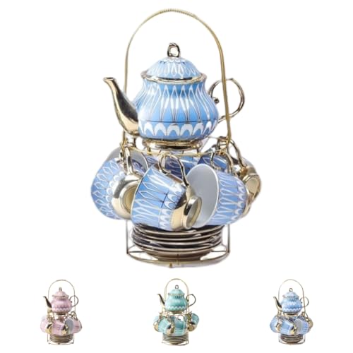 TAKEY茶器 ティーポット おしゃれ アフタヌーンティーセット ーコーヒーカップ 急須 湯呑み ソーサーセット 磁器ティーポット セラミック 付き 付きのとホルダースタンド付きのソーサ (ブルー)