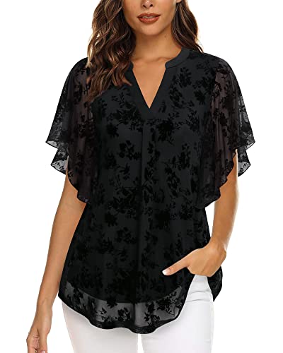 Image of Timeson Women's Short Sleeve V Neck Blouses Shirts Floral Double Layers Mesh Tunics Tops