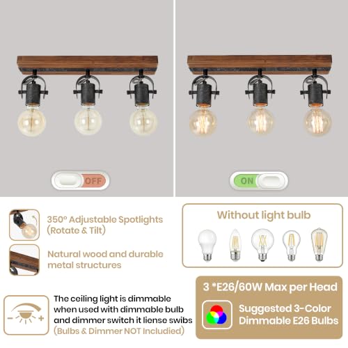 Image of 3-Light Track Lighting Fixture with Solid Wood Base, Industrial Open Cage Ceiling Lights, Adjustable Exposed Bulb Light, Farmhouse Black Metal Track Light for Kitchen Dining Room, E26 Base