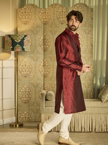 Image of Sojanya (Since 1958 Men's Red Jacquard Silk Kurta & Churidaar Pyjama