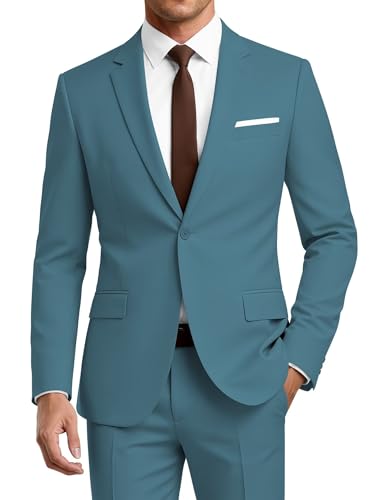 CYANDUSTY Mens 2 Piece Suit Slim Fit Teal Blue Suits