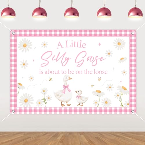 A Little Silly Goose is About to Be On The Loose Backdrop Banner 4.92 * 3.28ft Pink Silly Goose Baby Shower Decoration Cute Geese Daisy Gender Reveal Decor Fun Farm Animal Gingham Bow Party Supplies
