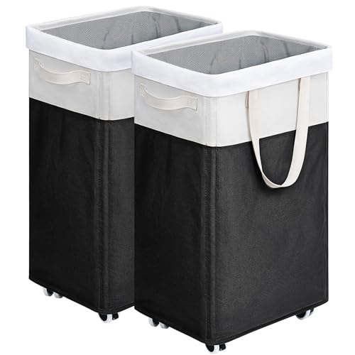 Image of Goodpick Hamper with Wheels 75L 2-Pack, Tall Laundry Basket with Removable Wash Bags, Rolling Black Laundry Hamper for Corner Dorm, Large Collapsible Laundry Baskets