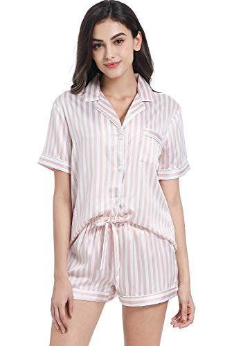Serenedelicacy Women s Satin Pajama Set 2-Piece Sleepwear Loungewear Button Down Short Sleeve PJ Set (Medium, Light Pink Ivory Stripe)