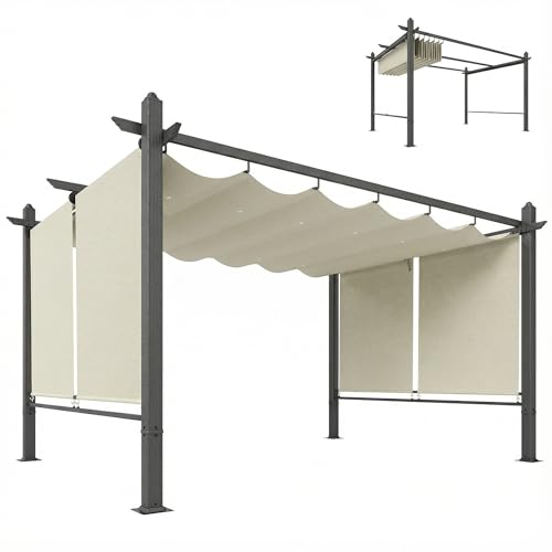 Outsunny Pérgola de Jardín 4x3 m con Techo Retráctil y 4 Cortinas Enrollables Automáticas, Cenador de Jardín con Protección UV50+, Estructura de Aluminio, Drenaje, Pabellón para Exterior, Crema