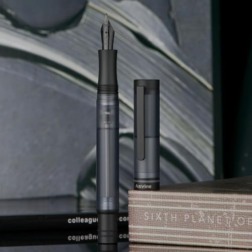 Image of Asvine V200 Titanium Fountain Pen Vacuum Fill Matte Black Medium Nib Transparent Demonstrator Acrylic with Pencil Case and Wrench