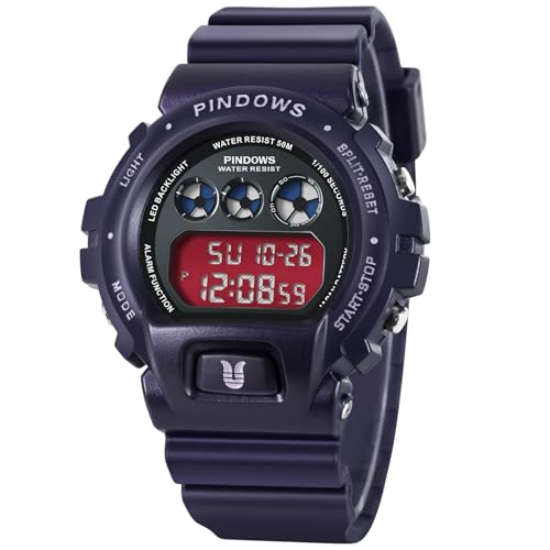 PINDOWSストップウォッチ、アラーム、タイマー付きメンズデジタルスポーツ腕時計50Mの防水仕様LEDバックライト付き多機能メンズタクティカル腕時計