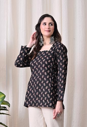 Image of MEERA FAB Women's Floral Printed Cotton Short Kurta Square Neck | Floral Printed Kurta with Full Sleeves | Short Kurti for Women