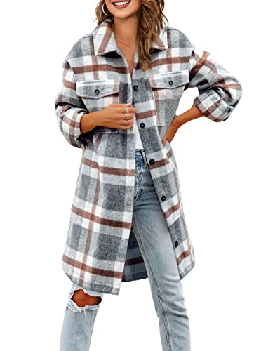 Womens Button Down Wool Blend Coat Brushed Plaid Casual Lapel Shacket Long Peacoat Oversized Jackets Outwear Beige #TOP20