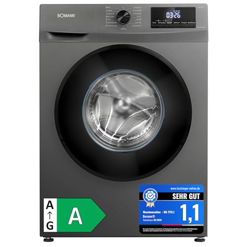 Bomann Waschmaschine 7kg | 10 Jahre Motor-Garantie | Invertermotor - effizient, leise & langlebig | max. 1400 U/min | 15 Programme | Endzeitvorwahl | LED-Display | Washing Machine | WA 7175.1 titan