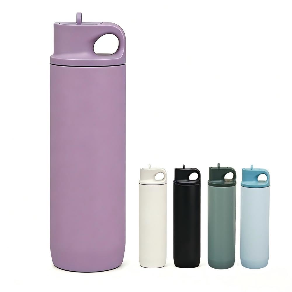 Insulated Water Bottle 550ml with Straw, Stainless Steel Vacuum Flask, Leakproof Hot Cold Flask Keeps 12H Hot/24H Cold, BPA-Free Metal Water Bottle for Gym, Sports, Travel, Hiking (Purple)